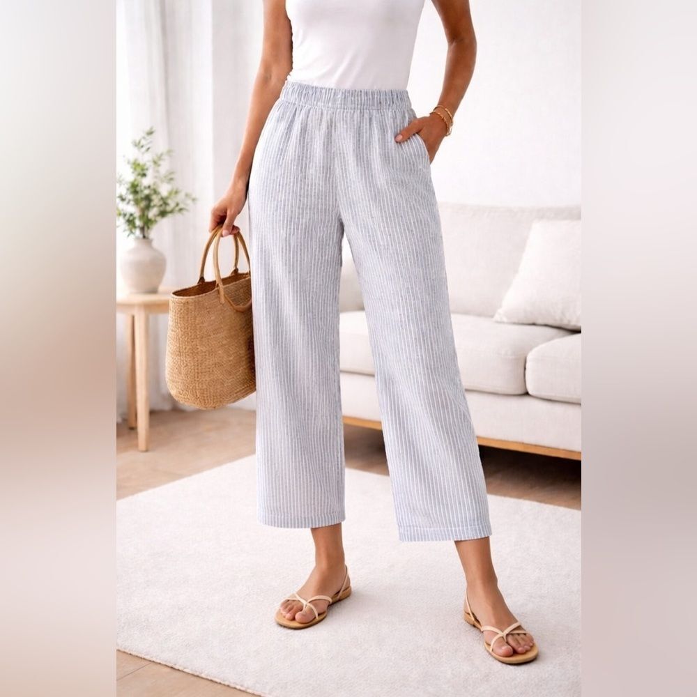 Lands' End Linen Blend High Rise Wide Leg Pants White Navy Stripe Size 8